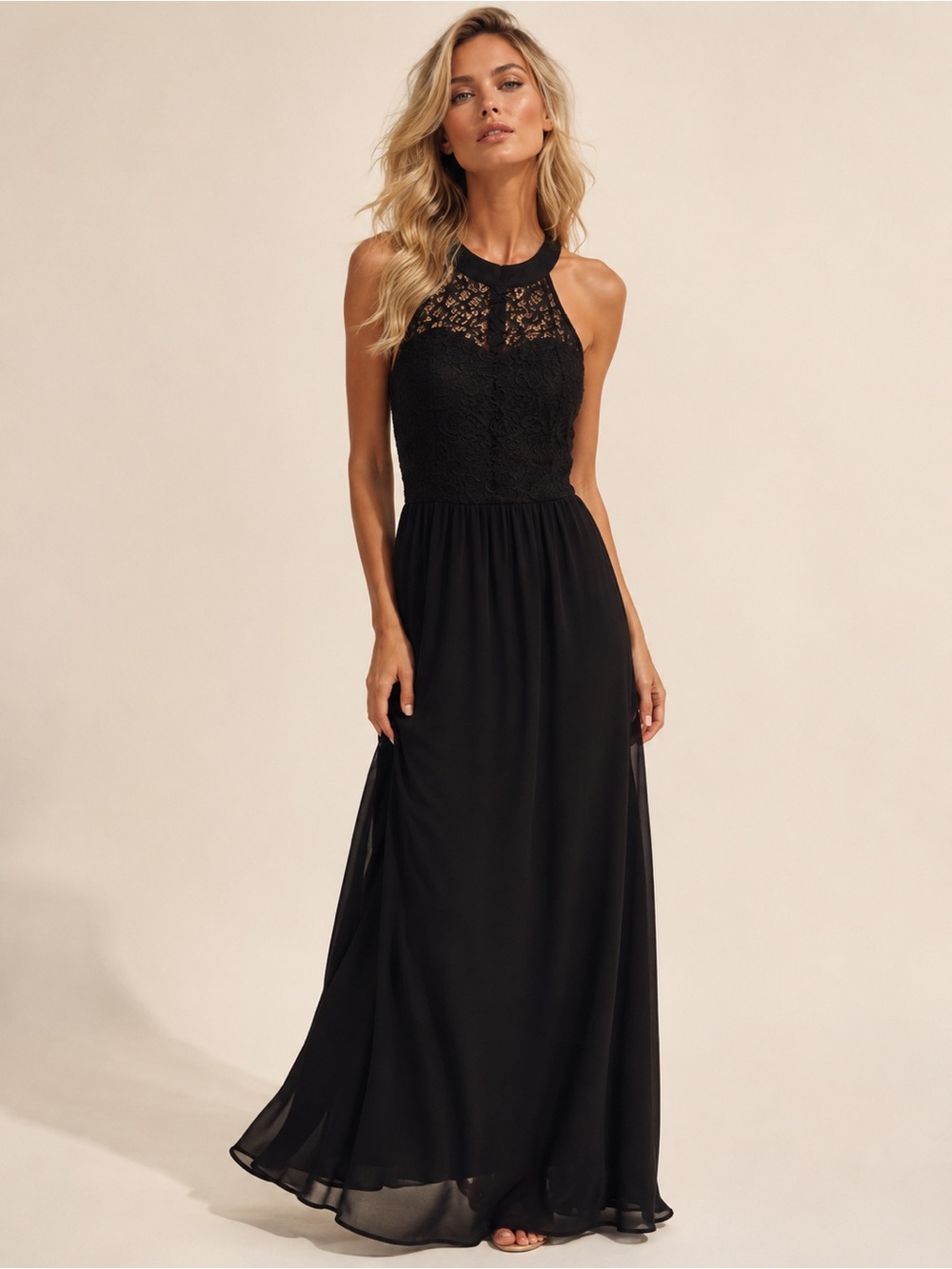 Wedtrend Black Lace Halter Maxi Dress Elegant Formal Wedding Guest S